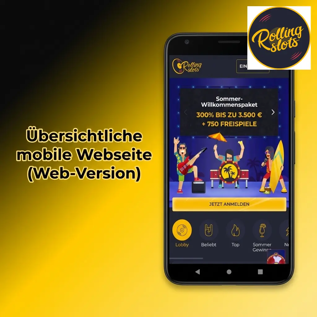 Übersichtliche mobile Webseite von Rolling Slots ohne Download, mit vollem Funktionsumfang für Slots und Live-Casino unterwegs.