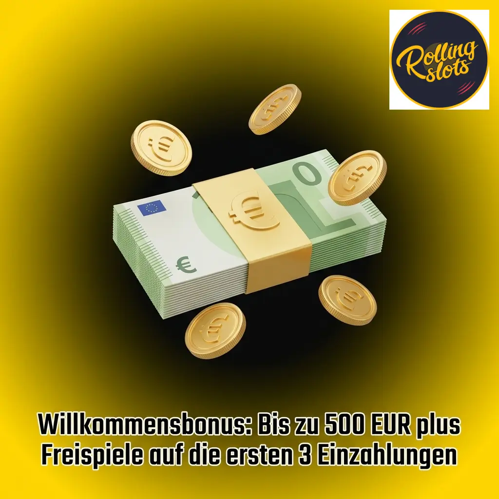 Rolling Slots Willkommensbonus: bis zu 500 EUR und Freispiele auf die ersten 3 Einzahlungen für neue Spieler
